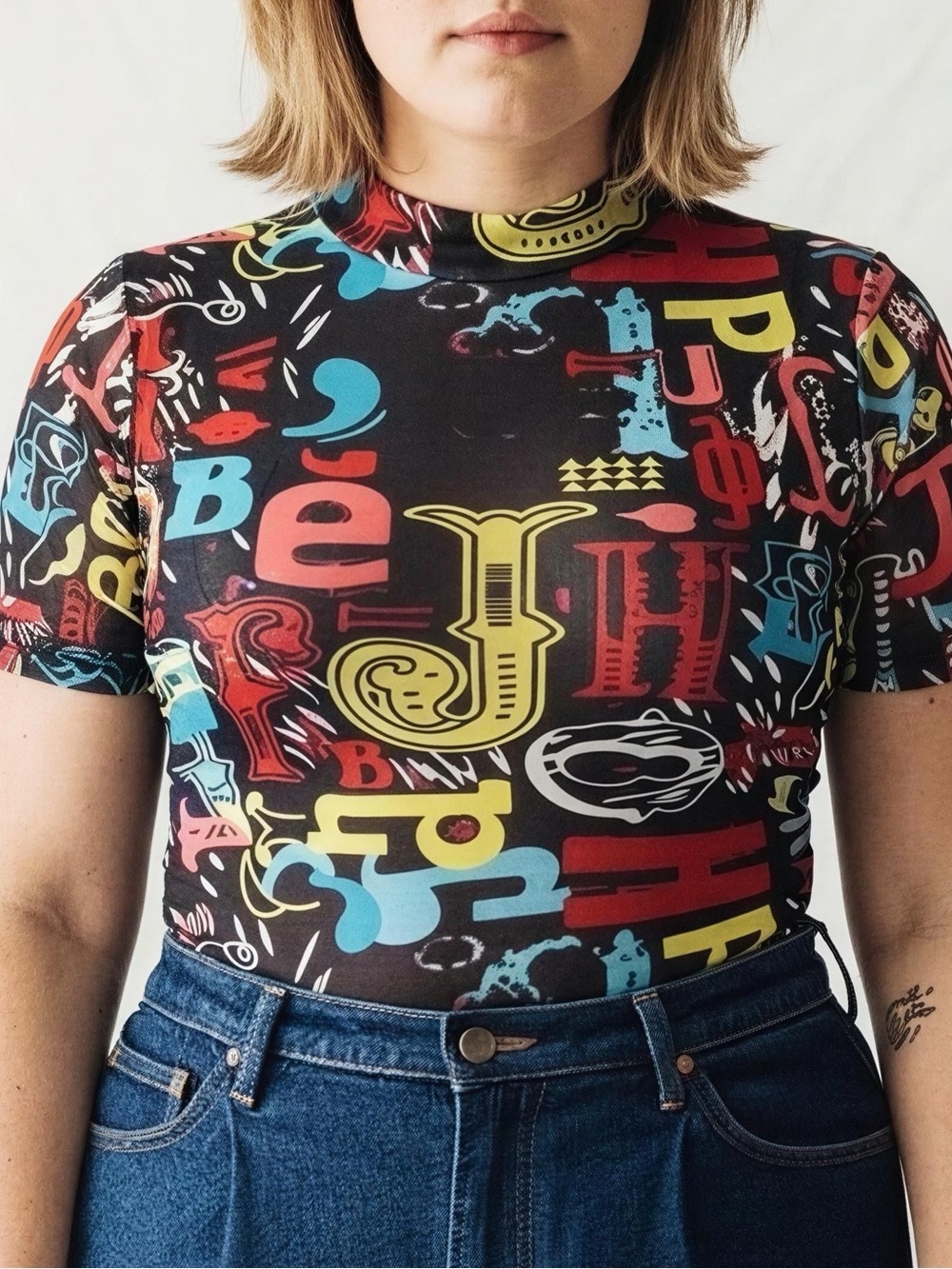 Sheer‎ mock turtleneck short sleeve alphabet graphic print bodysuit - 1X